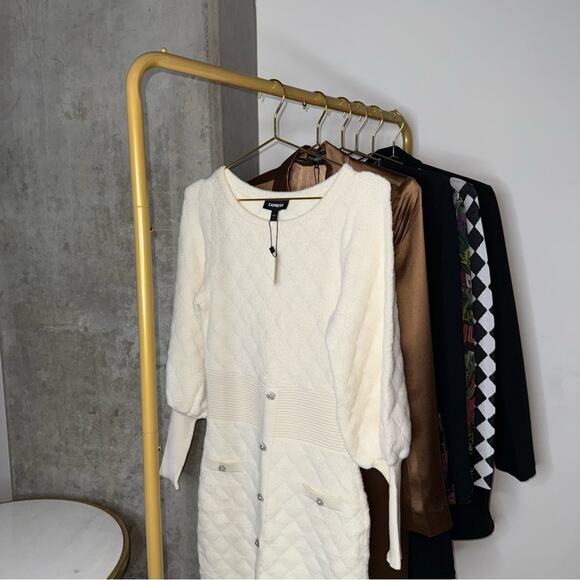Express Embellished Button Front Mini Sweater Dress in Ivory/Off White - Picture 6 of 17